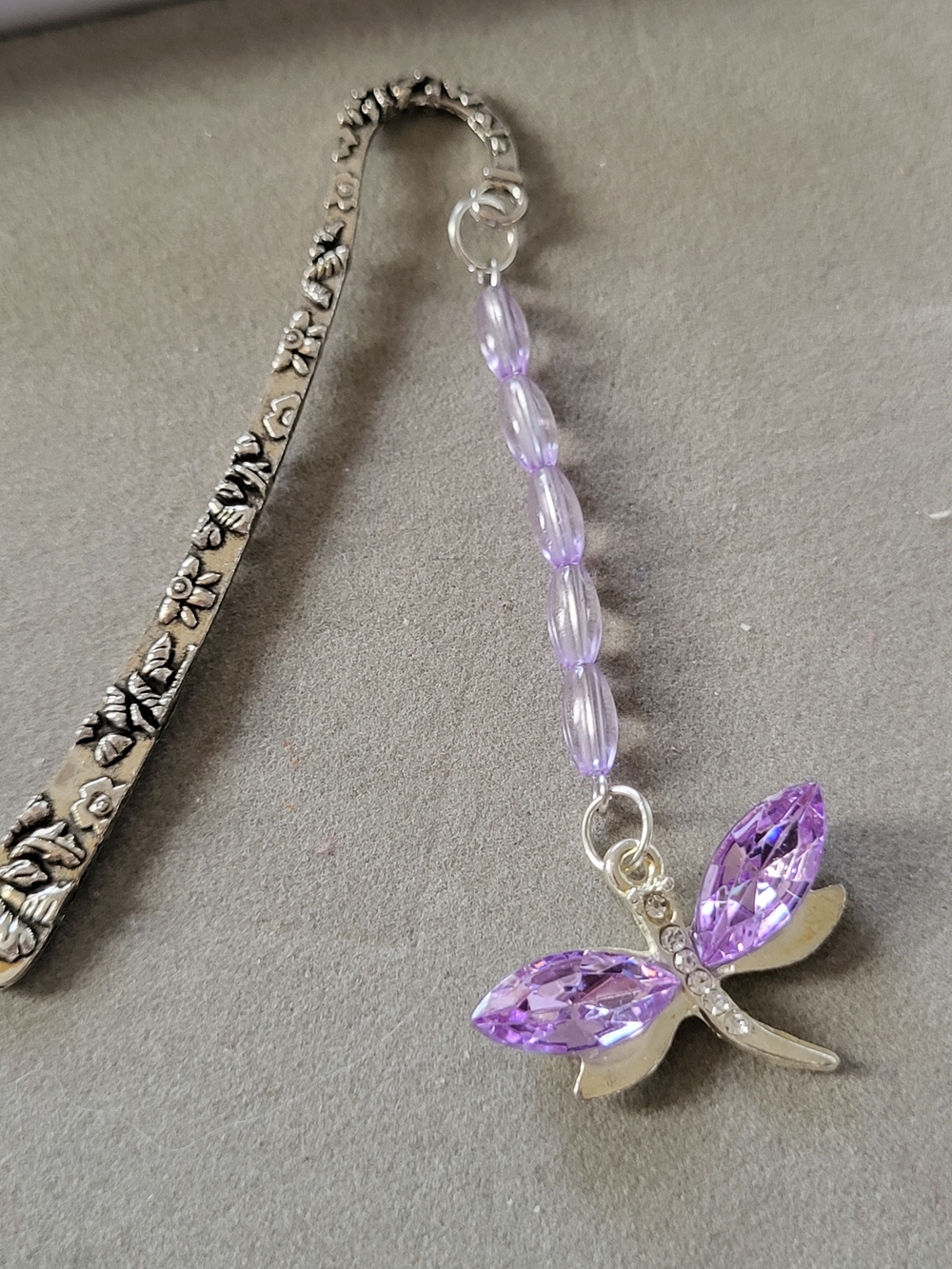 Silver Toned Floral Bookmark with Purple Crystal Dragonfly Charm